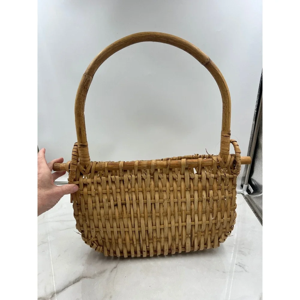VTG Wicker Gathering Basket Hanging Peg Bentwood Handle Rustic Garden Brown